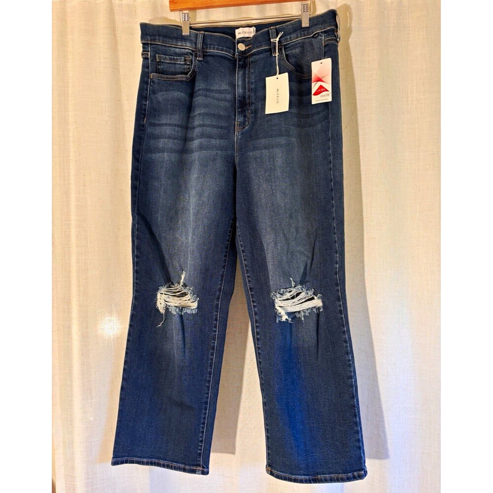 NWT Ms. Cello High Rise Straight Jeans Blue Distressed Stretch Denim, Size 18